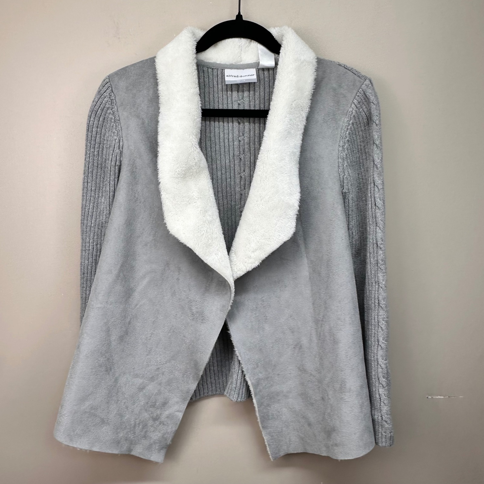Alfred Dunner Womens Grey Faux Suede Faux Fur Trim Knit Cardigan Jacket 16p